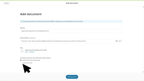 The Add document window in Xello. The name and description have been filled out and a file has been uploaded. The cursor is clicking Convert to form.